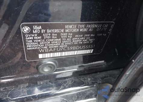 2011 BMW 535I xDrive z USA, uszkodzony, nr VIN WBAFU7C59BDU55551